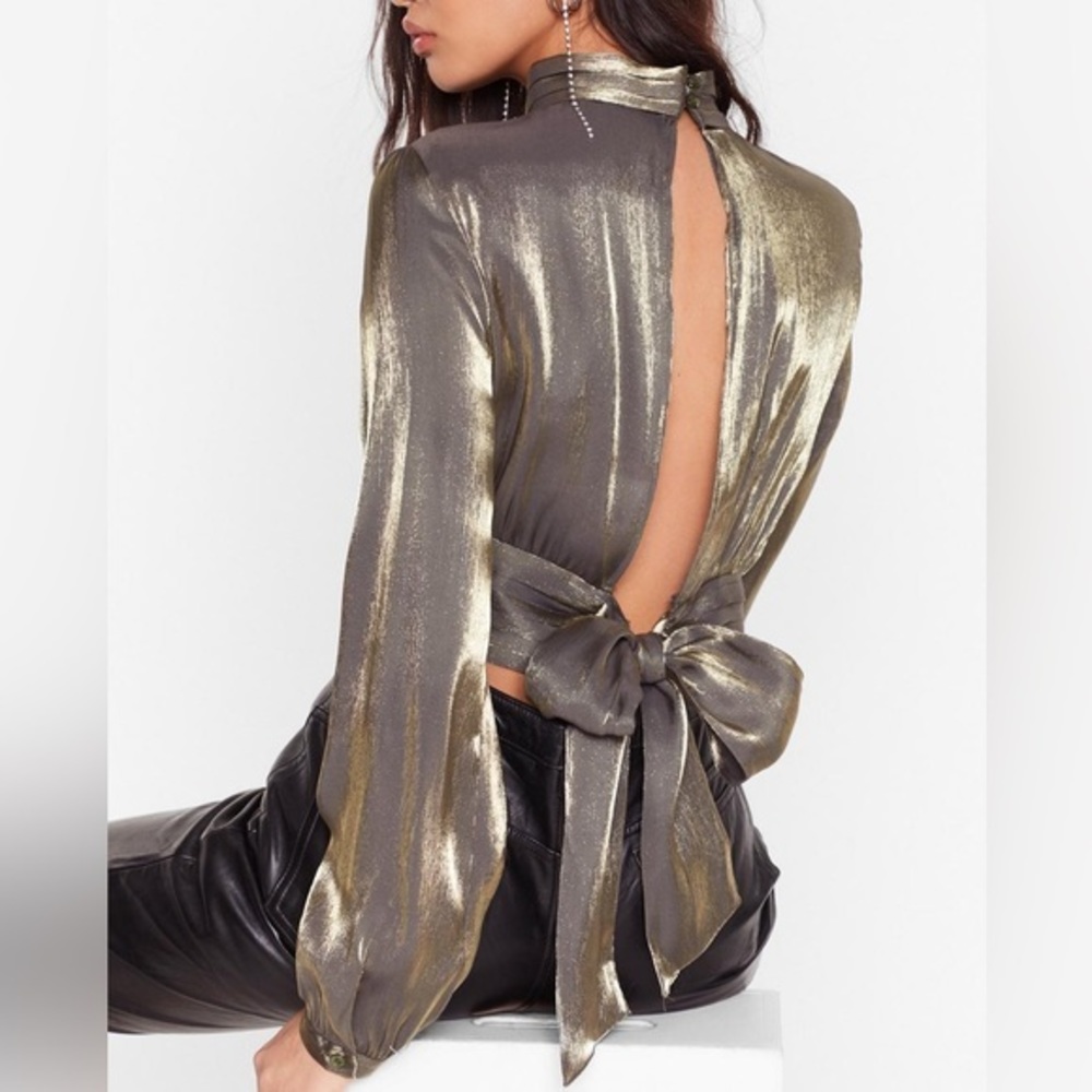 Metallic Open-Back Blouse